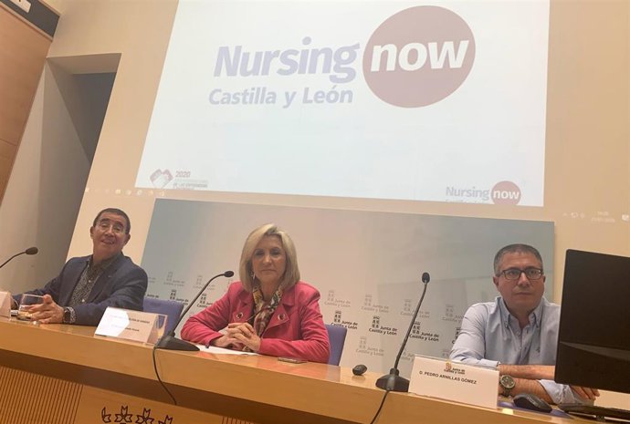 La consejera de Sanidad, Verónica Casado, flanqueada por el presidente del Consejo de Colegios de Enfermería (izq) y Pedro Arenillas (dcha).
