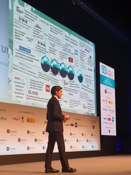 El presidente ejecutivo de Telefónica, José María Álvarez-Pallete, durante su intervención en el 10 Foro del Liderazgo Turístico Exceltur