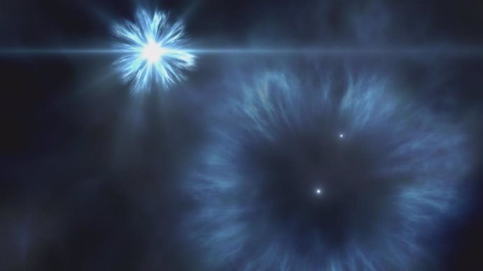 Imagen artística de la explosiones de supernova de las primeras estrellas masivas que se formaron en la Vía Láctea. La estrella J0815+4729 se formó a partir del material eyectado por estas primeras supernovas