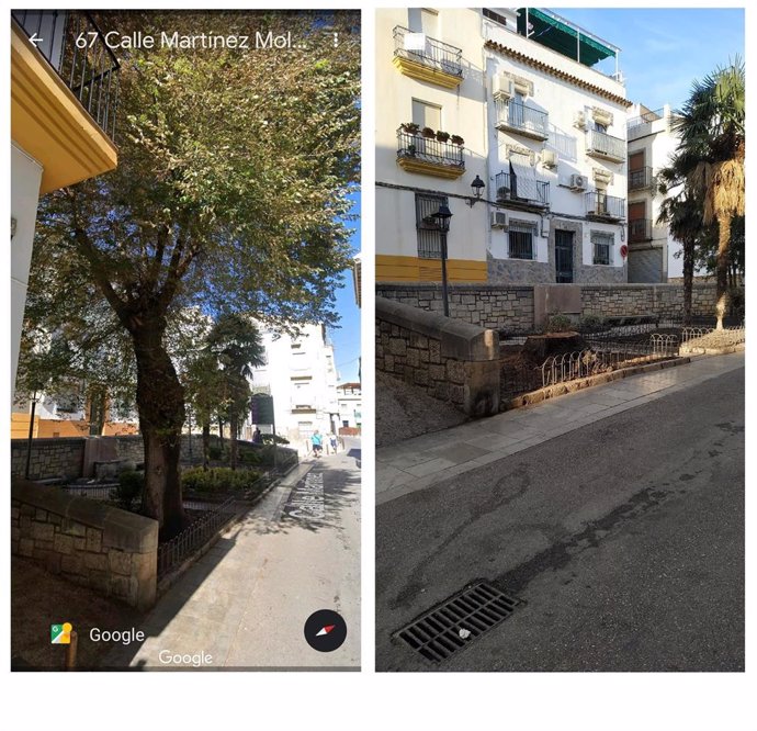 Antes y después del árbol talado en la plazoleta de la calle Martínez Molina