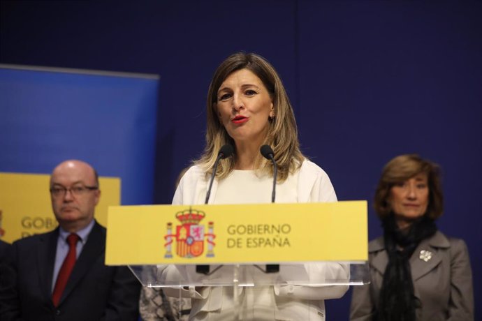 La nueva ministra de Trabajo, Yolanda Díaz, durante su intervención en el acto de toma de posesión de los ministros, en la sede del Ministerio de Trabajo y Economía Social en Madrid a 13 de enero de 2020.