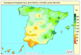 Pluges acumulades a Espanya en el que va d'any hidrolgic.