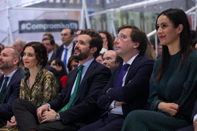 La presidenta de la Comunidad de Madrid, Isabel Díaz Ayuso; el presidente del Partido Popular, Pablo Casado; el alcalde de Madrid, José Luis Martínez-Almeida; y la vicealcaldesa de Madrid, Begoña Villacís