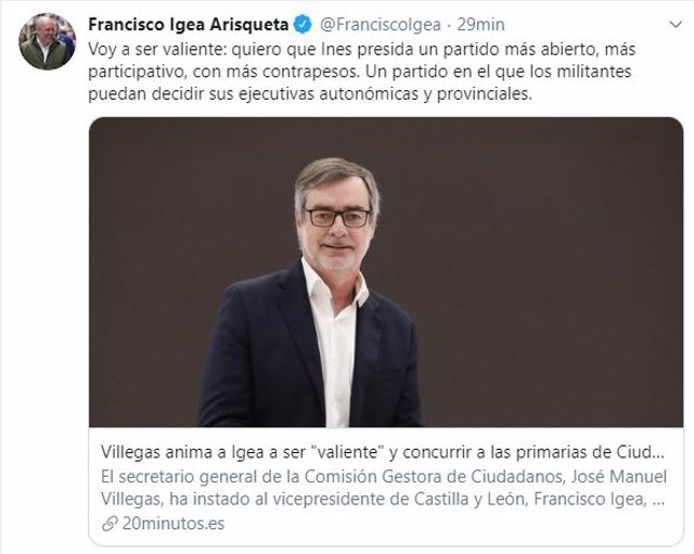 Captura del tuit de Francisco Igea en respuesta a Villegas.