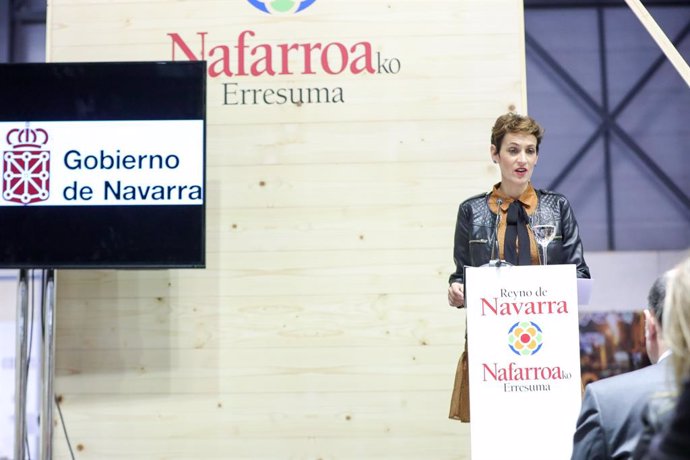 La presidenta de Navarra, María Chivite, interviene en el pabellón de la región durante la celebración del Día de Navarra en la Feria Internacional de Turismo, Fitur 2020 durante su tercera jornada, en Madrid (España), a 24 de enero de 2020.