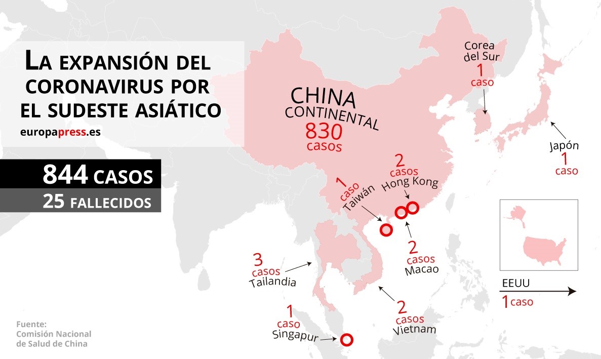 Mapa con casos de coronavirus en el sudeste asiático