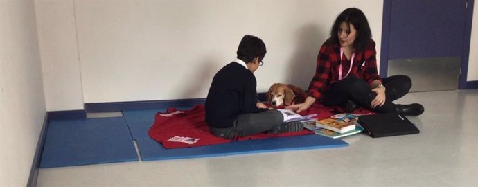La perra Otti ayuda a leer a un alumno del Colegio CEU San Pablo de Sanchinarro (Madrid)
