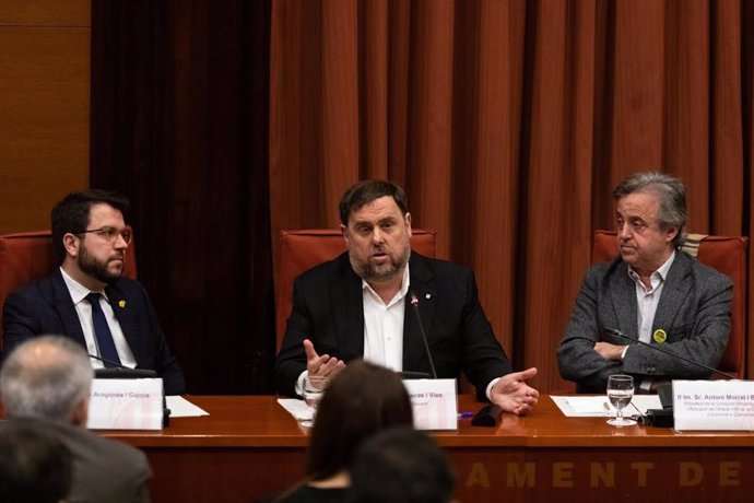 L'exvicepresident de la Generalitat empresonat, Oriol Junqueras, durant la seva intervenció en la comissió del 155 al Parlament