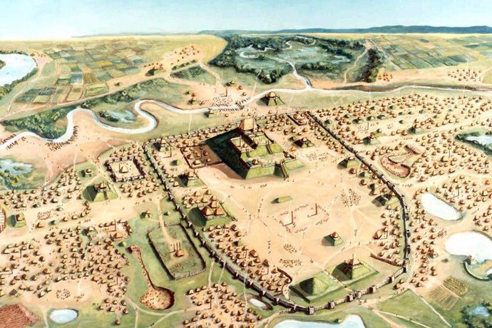 Recreación de la ciudad precolombina de Cahokia, junto al Mississipi