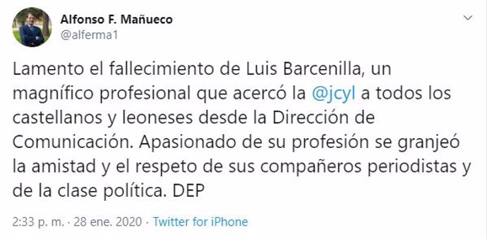 Tuit del presidente de la Junta de Castilla y León, Alfonso Fernández Mañueco, sobre el fallecimiento de Luis Barcenilla.