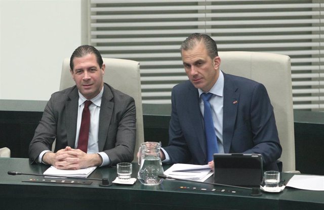 El concejal del Ayuntamiento de Madrid, Pedro Fernández y el secretario general de Vox y portavoz del grupo en el Ayuntamiento de la capital, Javier Ortega Smith
