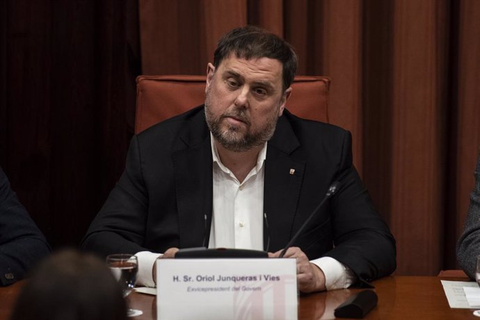 El exvicepresident de la Generalitat y preso del 'Procés', Oriol Junqueras, declara ante la Comisión de Investigación de la aplicación del 155 en Catalunya, en el Parlament de Catalunya /Barcelona, a 28 de enero de 2020.
