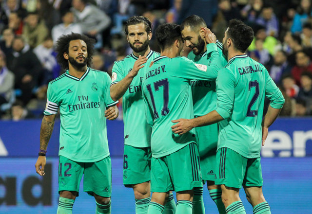 ZARAGOZA, SPAIN - JANUARY 29: Karim Benzema, of Real Madrid and Lucas Vazquez, of Real Madrid celebrates a goal during Copa del Rey football match played between Real Zaragoza and Real Madrid at La Romareda stadium on January 29, 2020 in Zaragoza, Spain.