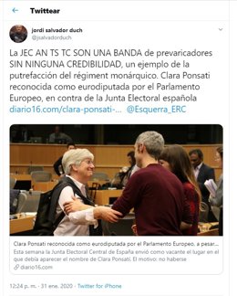 Mensaje del diputado de ERC Jordi Salvador llamando a los jueces "banda de prevaricadores"