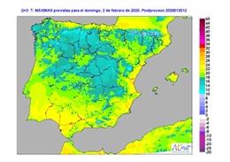 Mapa elaborado por la Aemet sobre la previsión de temperaturas para el domingo 2