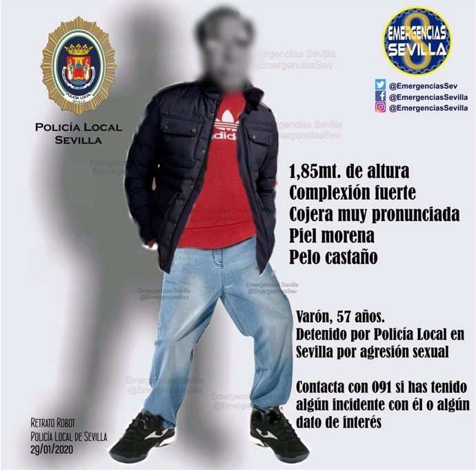 La Policía Local difunde un retrato robot del hombre detenido acusado de violación en Sevilla.