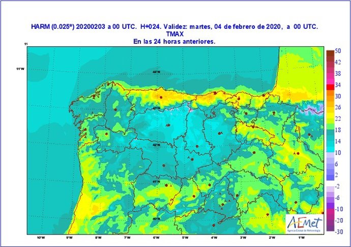 Mapa facilitado por la Aemet sobre la previsión de temperaturas para este lunes 3 de febrero