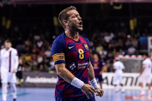 Victor Tomas Gonzalez, #8 of Barça  during the VELUX EHF Champions League match between  Fc Barcelona Handball and PSG Handball at Palau Blaugrana, in Barcelona, Spain, on October 19, 2019.