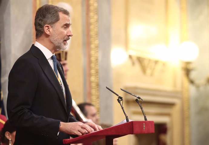 El rei Felip VI, durant el seu discurs al Congrés dels Diputats durant la Solemne Sessió d'Obertura de la XIV legislatura, Madrid (Espanya), 3 de febrer del 2020.