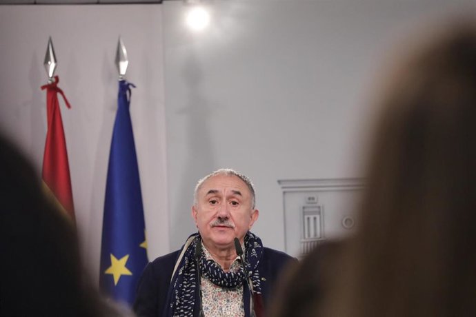 El secretario general de UGT, Pepe Álvarez, en rueda de prensa tras la  firma el acuerdo de subida del Salario Mínimo Interprofesional (SMI), en La Moncloa /Madrid (España), a 30 de enero de 2020.