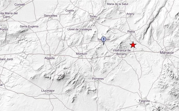 Mapa que muestra el epicentro del terremoto registrado en Mallorca y la población que lo ha sentido.