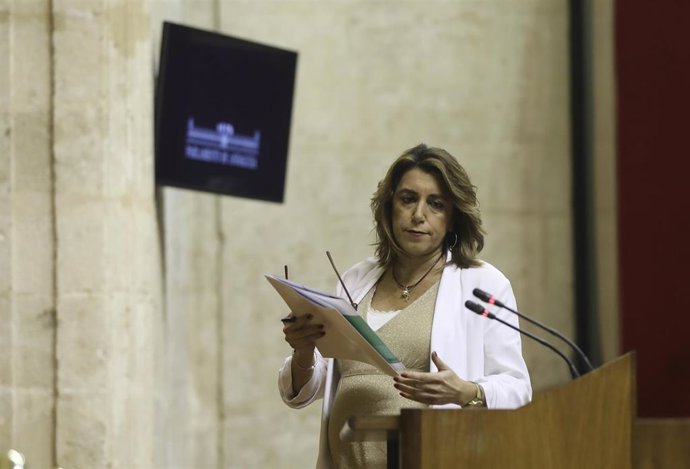 La secretaria general del PSOE-A, Susana Díaz, durante su intervención un pleno extraordinario del Parlamento andaluz para informar sobre el Estado de la Comunidad Autónoma. En el Parlamento de Andalucía, a 28 de enero de 2020.