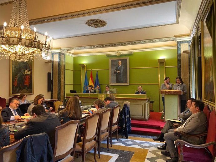 Intervención de dos representantes de las AMPAS de los colegios del concejo de Oviedo durante el Pleno de este martes.
