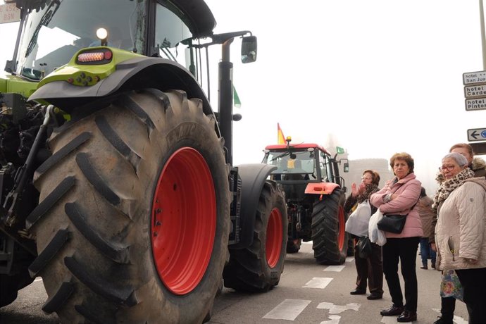 Algunos de los asistentes a la manifestación de agricultores y ganaderos, junto a la fila de tractores recorren las calles de Toledo /Castilla-La Mancha (España), a 4 de febrero de 2020.