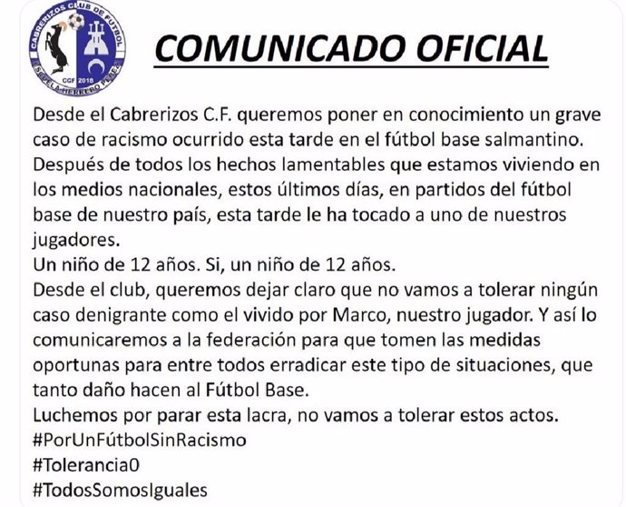 Comunicaco colgado  porel Club de Fútbol de Cabrerizos contra los ataques racistas.