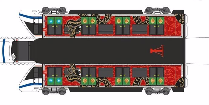 Imagen del recortable lanzado por Metro de Madrid que reproduce el tren vinilado con un dragón chino.