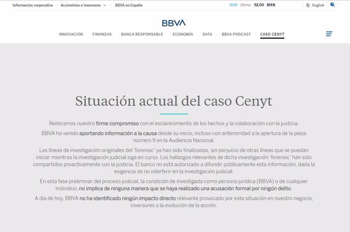 Imagen de la web de BBVA con la incorporación del nuevo apartado sobre el caso BBVA-Villarejo.