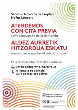 Cartel que anuncia la atención con cita previa en la Agencia de Empleo de Tudela.