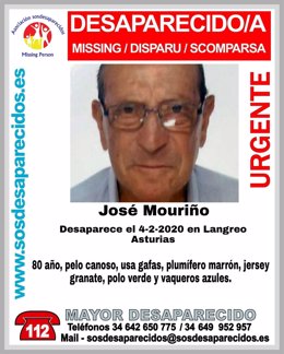 Cartel de SOS Desaparecidos con la imagen de José Mouriño, anciano desaparecido en Langreo este martes.