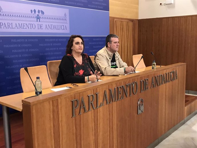 Los diputados de Adelante Andalucía Ángela Aguilera y Nacho Molina, este miércoles en rueda de prensa en el Parlamento.
