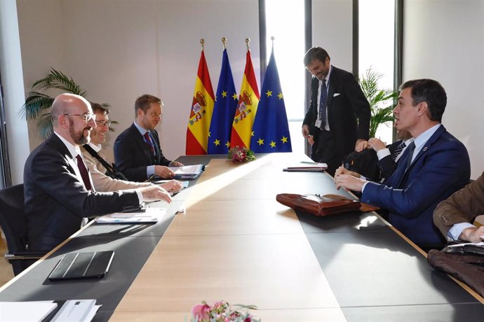 05 February 2020, Belgium, Brussels: President of the European Council Charles Michel (L) attends a meeting with Spanish Prime Minister Pedro Sanchez (R) at the European Council