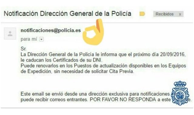 Notificación de la Dirección General de Policía para renovar los certificados del Documento Nacional de Identidad