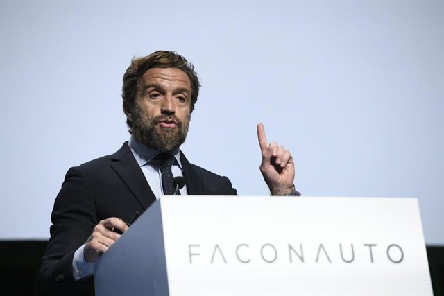 El presidente de Faconauto, Gerardo Pérez, durante su intervención en la jornada inaugural del Congreso Nacional de la Distribución de la Automoción, en Madrid (España).