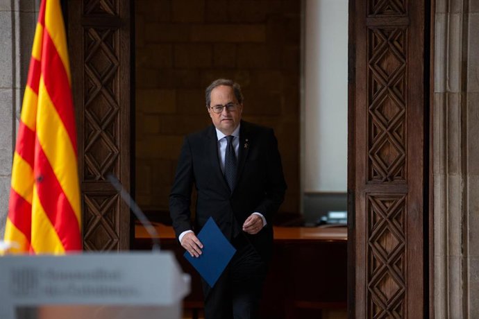 El president de la Generalitat, Quim Torra, a su llegada a la declaración institucional en la que ha afirmado que habrá un adelanto electoral en Cataluña, en el Palau de la Generalitat /Barcelona /Catalunya (España), a 29 de enero de 2020.