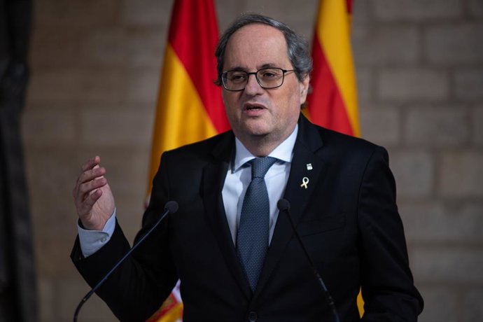 El president de la Generalitat, Quim Torra, en declaracions davant els mitjans de comunicació després de la reunió amb el president del Govern central, Pedro Sánchez, al Palau de la Generalitat, Barcelona /Catalunya (Espanya), 6 de febrer del 2020.