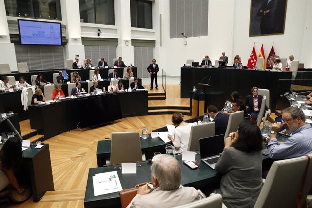 Vista del hemiciclo de la sala de sesiones del Ayuntamiento de Madrid (Palacio de Cibeles) durante un pleno donde se debate la aprobación provisional del proyecto Madrid Nuevo Norte.