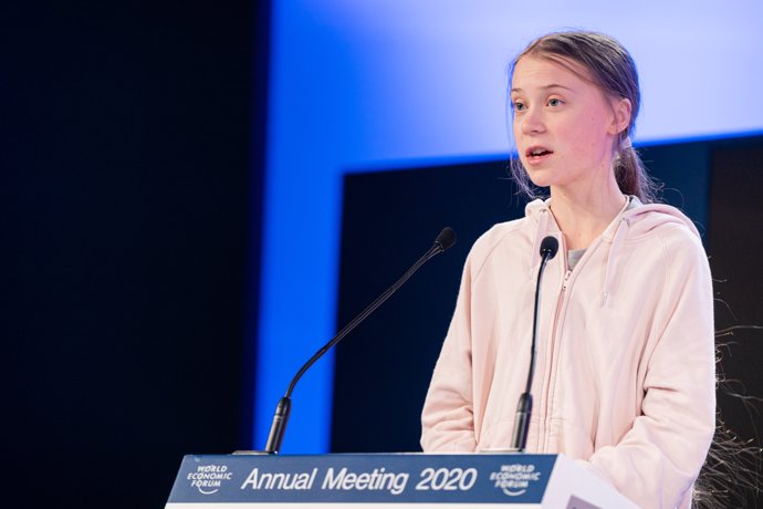 HANDOUT - 21 January 2020, Switzerland, Davos: Swedish climate activist Greta Thunberg speaks during the "Averting a Climate Apocalypse"session at the 50th World Economic Forum Annual Meeting.