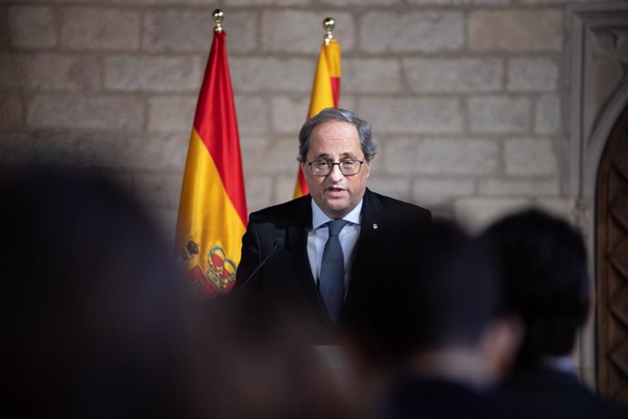 El president de la Generalitat, Quim Torra, en declaracions davant els mitjans de comunicació després de la seva reunió amb el president del Govern, Pedro Sánchez, en el Palau de la Generalitat, Barcelona /Catalunya (Espanya), a 6 de febrer de 2020.