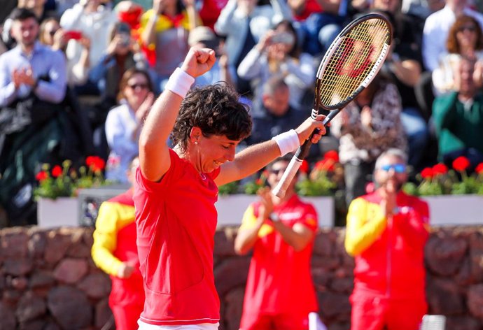 CARTAGENA, SPAIN - FEBRUARY 8: Carla Suarez of Spain celebrates during Fed Cup tennis match played between Spain and Japan at La Manga Club on February 8, 2020 in Cartagena, Murcia, Spain.