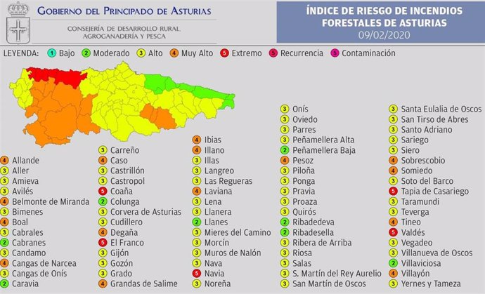 Riesgo de incendios en Asturias el domingo 9 de febrero de 2020