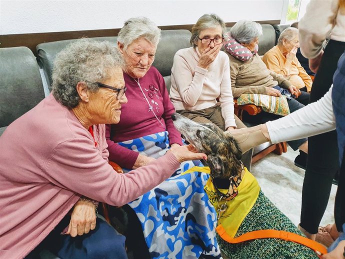 Un grupo de residentes saluda a uno de los perros del programa