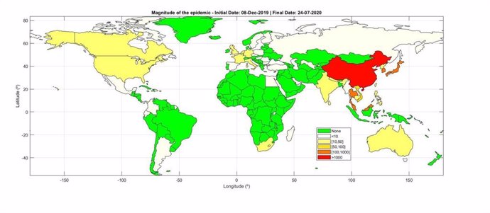 El mapa mundial de la magnitud final de la epidemia de coronavirus, generado con el modelo matemático de dos investigadores españoles de la Universidad Complutense de Madrid (UCM)