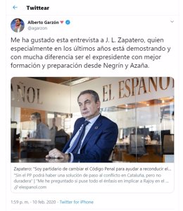 Alberto Garzón, elogiando al expresidente Zapatero en redes sociales