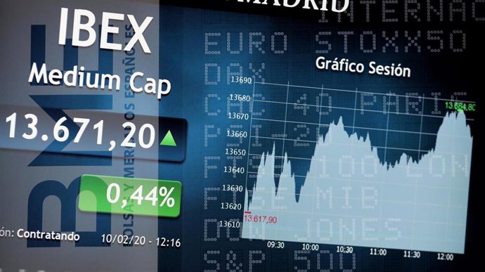 Pantalla del Ibex 35 con el gráfico de la sesión en la sede de la Bolsa de Madrid, el Palacio de la Bolsa de Madrid, en Madrid (España) a 10 de febrero de 2020.
