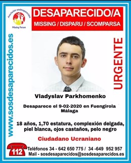 Cartel de búsqueda del joven ucraniano Vladyslav Parkhomenko