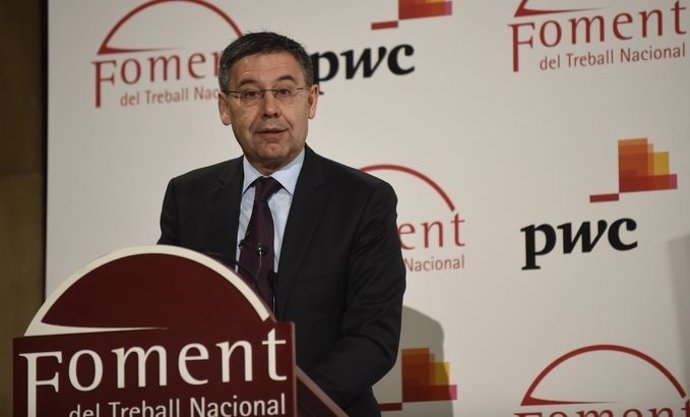 El presidente del FC Barcelona, Josep Maria Bartomeu, en un discurso en Foment del Treball